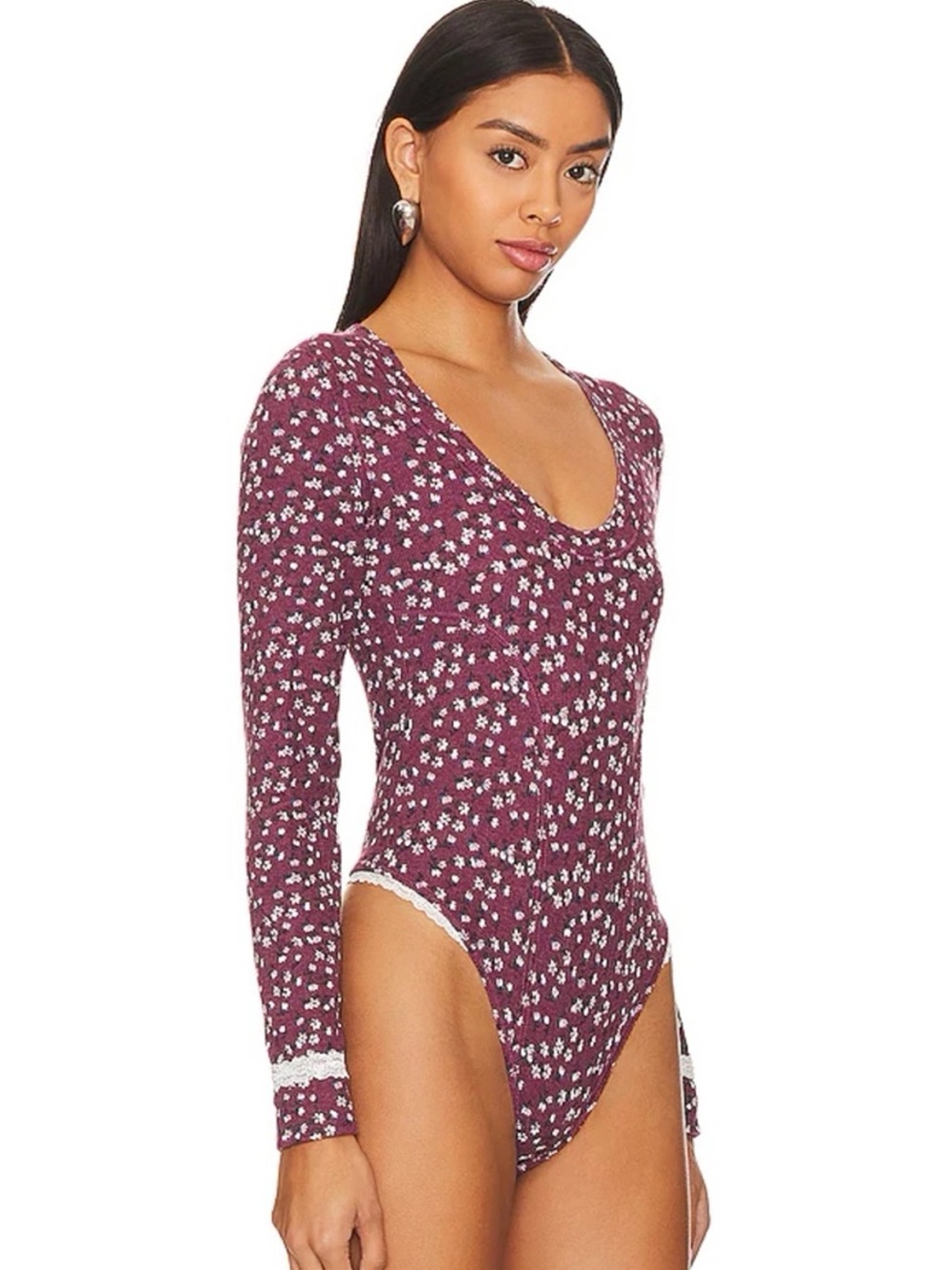 INTIMATELY FREE PEOPLE Sugar Dreams Floral Knit Thermal Bodysuit in Wine/Combo